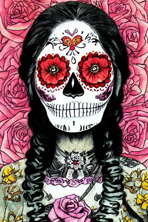 Prompt: illustration of a sugar skull day of the dead girl, art by katsuya terada