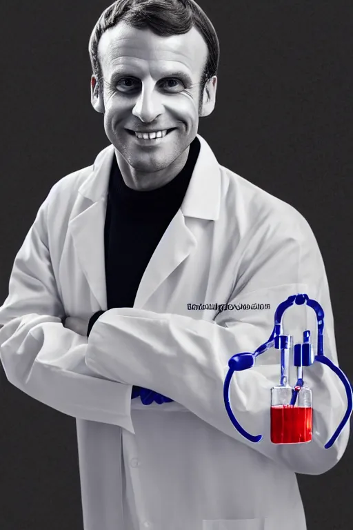 Image similar to emmanuel macron wearing lab coat and gloves, science lab, highly detailed, digital art, sharp focus, trending on art station