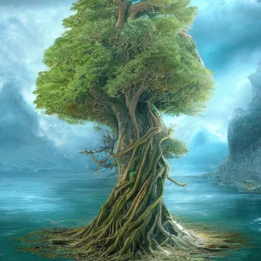 Prompt: a hyperdetailed matte painting of a german romantic tree emerging from an oceanographic landscape, magic realism painting, trending on artstation