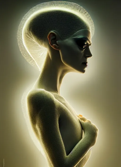 Prompt: high key lighting, portrait of a beautiful gentle futuristic bride of frankenstein, kintsugi, modern fine art, fractal, intricate, elegant, highly detailed, digital photography, subsurface scattering, by jheronimus bosch and greg rutkowski, andy worhol