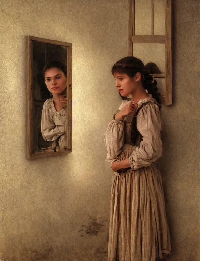 Image similar to peasant girl trying dress in front of a mirror, on a village, Cinematic focus, Polaroid photo, vintage, neutral colors, soft lights, foggy, by Steve Hanks, by Serov Valentin, by lisa yuskavage, by Andrei Tarkovsky 8k render, detailed, oil on canvas