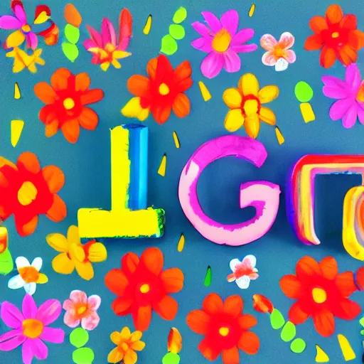 Image similar to the letter G capitalised in flowers, garland, sky background, crayon drawing style,