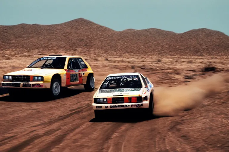 Image similar to Audi quattro rally car driving thru the desert. Cactus. Muted colors, photograph, high-speed photography, motion blur, midday, film 35mm