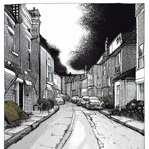 Prompt: suburban street in the uk, at night, by kim jung gi