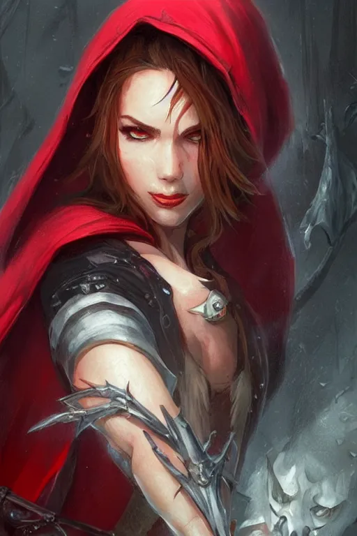 Image similar to thief red riding hood, d & d, fantasy, portrait, highly detailed, digital painting, trending on artstation, concept art, sharp focus, illustration, art by artgerm and greg rutkowski and magali villeneuve