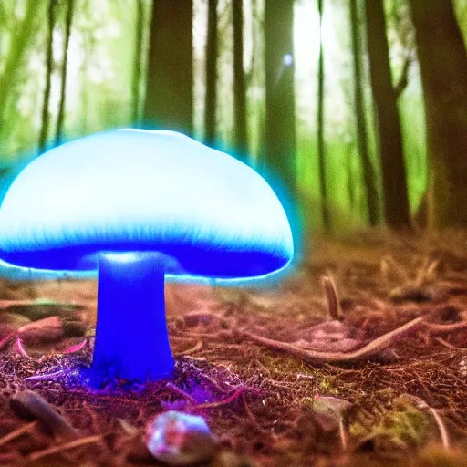 Prompt: a neon blue glowing mushroom in a forest