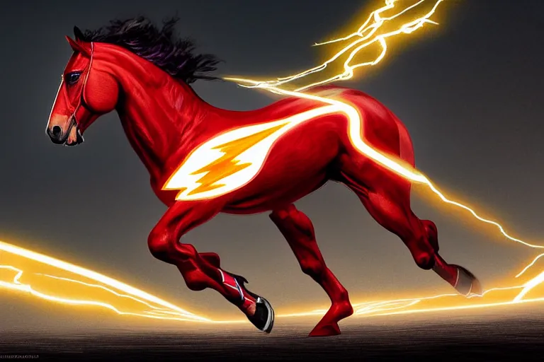 Image similar to a stunning digital painting of a horse as the flash in spandex costume, running in the speedforce by greg rutkowski, volumetric light, digital art, fine detail, photorealistic