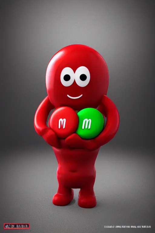 Image similar to red m - character, round red m & m figure, m & m mascot, m & m figure, m & m plush, m & m candy dispenser, unreal engine, studio lighting, figurine, unreal engine, volumetric lighting, artstation, cosplay