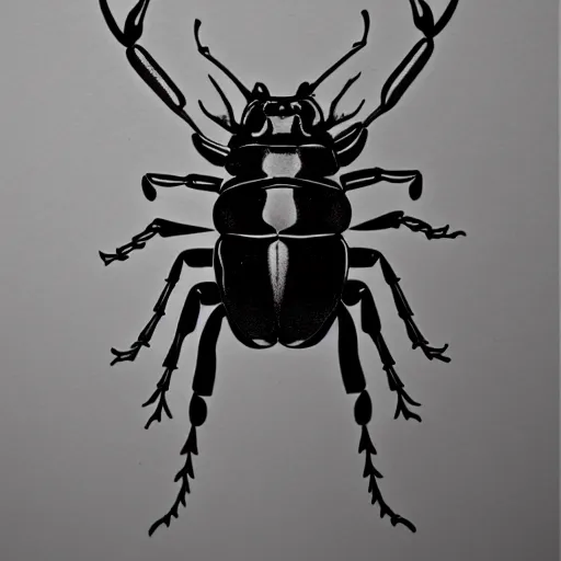 Image similar to stag beetle, black and white, botanical illustration, black ink on white paper, bold lines