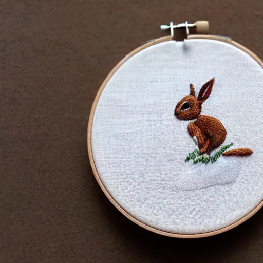 Prompt: a tiny beautiful handmade embroidery of a rabbit. hand embroidery.