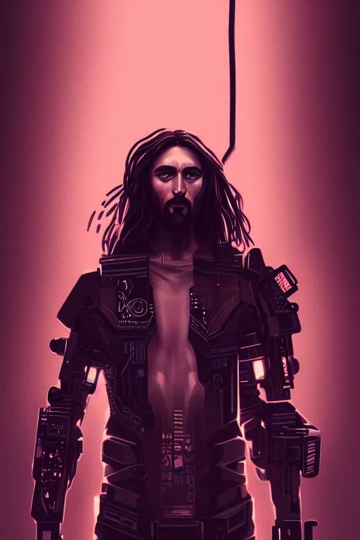 Prompt: a full length portrait of cyberpunk jesus, grim - lighting, high - contrast, intricate, elegant, highly detailed, digital painting, artstation, concept art, smooth, sharp focus, illustration