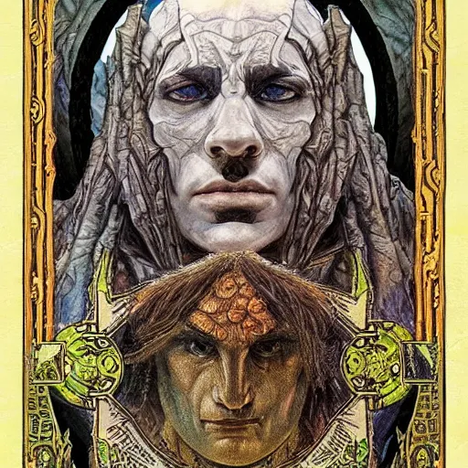 Prompt: portrait of golem the earth warrior made with rock and black obsidian and thunder by Jeff Easley and Peter Elson + beautiful eyes, beautiful face + symmetry face + border and embellishments inspiried by alphonse mucha, fractals in the background, galaxy + baroque, gothic, surreal + highly detailed, intricate complexity, epic composition, magical atmosphere + masterpiece, award winning + trending on artstation