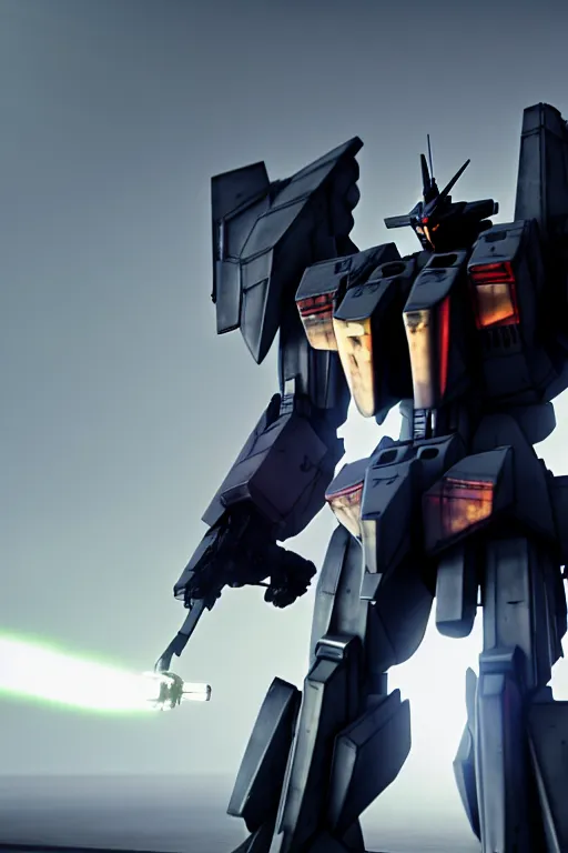 Image similar to hyper detailed 8 k cinematic still, rendering with volumetric lightning and ray tracing, show case of a skinny full body aggressive armored core gundam from movie, weathering armor plating, decipticon armor plating, aggressive head, endoekeleton exposure