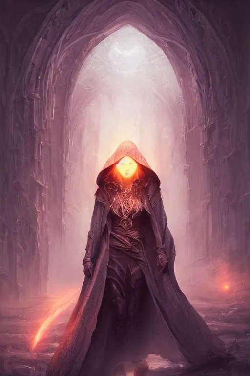 Image similar to Front portrait of hooded mage, full body, fine art, awesome fantasy book cover on Pinterest, award winning, dark fantasy landscape, fantasy magic, intricate, elegant, sharp focus, cinematic lighting, highly detailed, digital painting, concept art, art by WLOP and Artgerm and Greg Rutkowski, masterpiece, trending on artstation, 8K