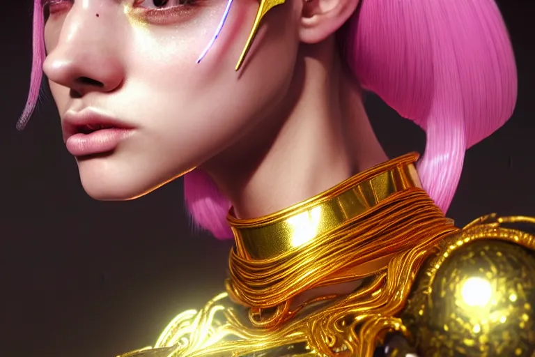 Image similar to hyperdetailed portrait of a stunningly beautiful european girl androgynous guard made of iridescent metals shiny pink gems, bright nimbus, thin golden necklace, inspired by ross tran and wlop and masamune shirow and kuvshinov, concept art, intricate, photorealistic, octane render, rtx, hdr, unreal engine, dnd digital art by artgerm