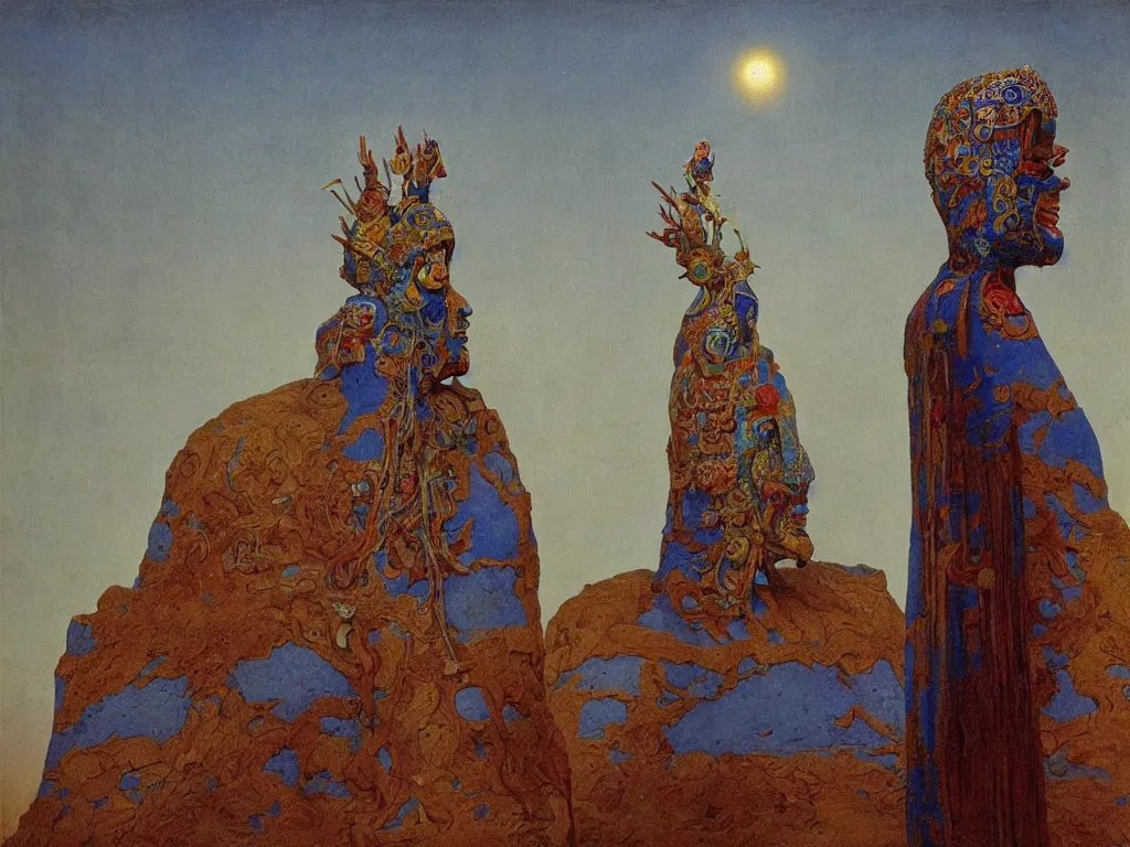 Image similar to Albino mystic with his back turned, looking in the distance at giant totemic archaic sculpture mask Tibetan temple made from Lapis Lazuli. Painting by Jan van Eyck, Beksinski, Caspar David Friedrich, Rene Magritte, Agnes Pelton, Max Ernst, Walton Ford