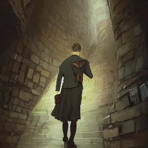 Prompt: My Favorite Portrait of a lawyer genius academician wearing a grimoire in his holding hand whilst wearing a vest of scholarship Greg Rutkowski Marc Simonetti Anato finnstark Brooklyn New York Hidden Stairway Hidden Alcove Visible Alleyway 4k Artstation Background Wallpaper 1080p