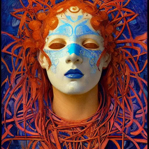 Prompt: masterpiece painting of a facemask made of stylized flowers, by annie swynnerton and jean delville and tino rodriguez and john watkiss, flower mask, art deco shaman, symbolist, dramatic lighting, god rays, elaborate geometric ornament, clean crisp graphics, soft cool colors, smooth, sharp focus, extremely detailed