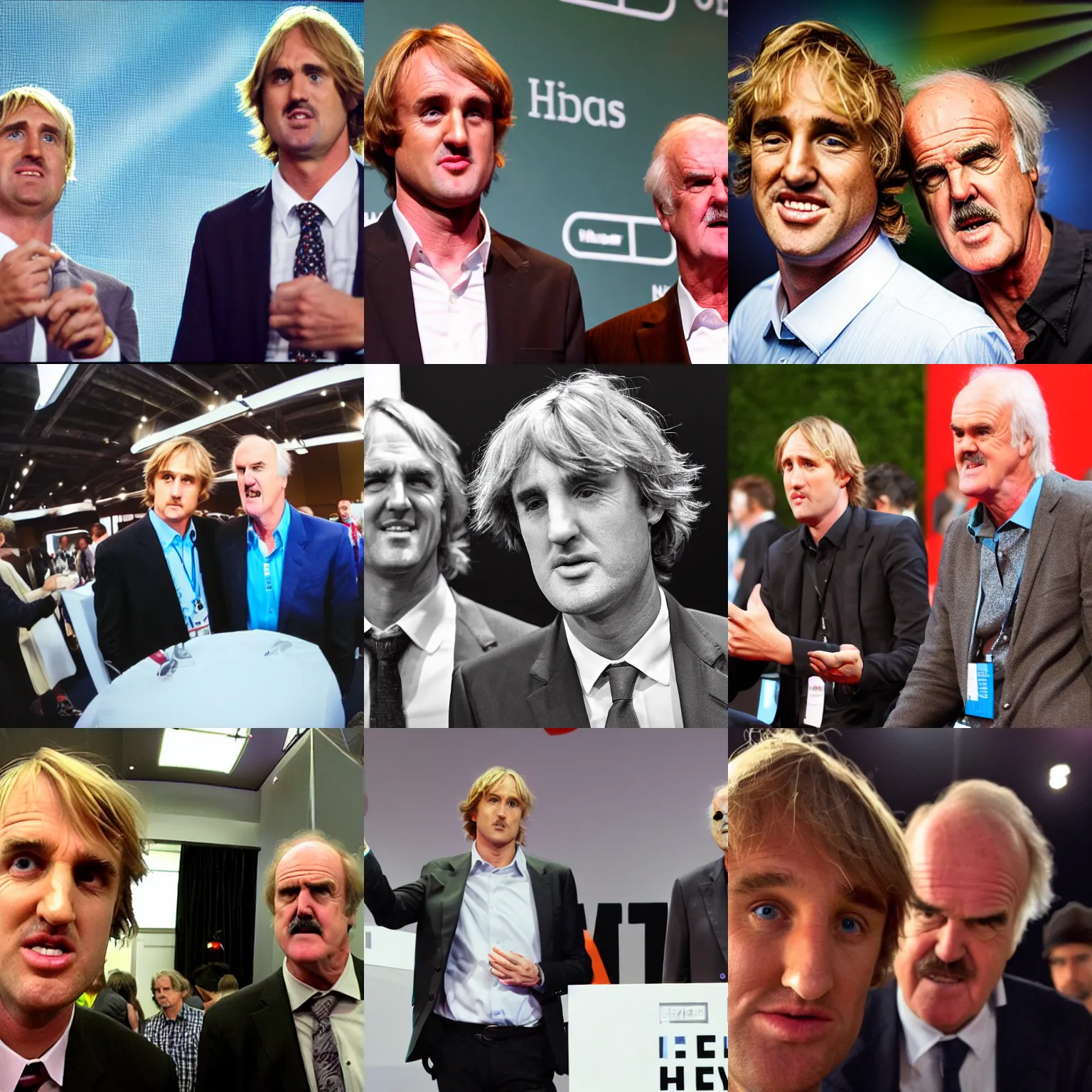 Prompt: a gopro photo showing owen wilson standing next to john cleese at a hightech conference, hyper realistic, sharp focus, depth of field, hyper detailed