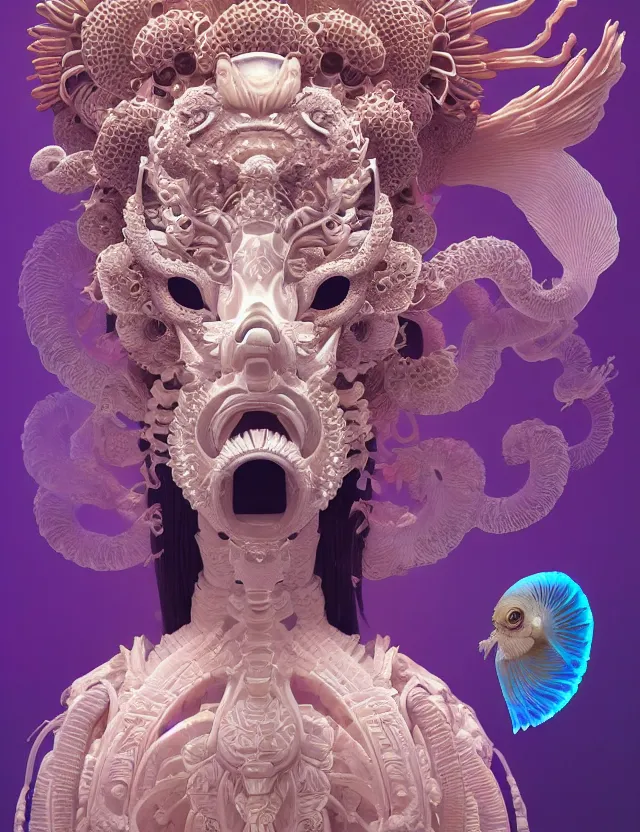 Prompt: simple coherent artwork. 3 d goddess close - up 3 / 4 portrait with ram skull. beautiful intricately detailed japanese crow kitsune mask and clasical japanese kimono. betta fish, jellyfish phoenix, bio luminescent, plasma, ice, water, wind, creature, artwork by tooth wu and wlop and beeple and greg rutkowski