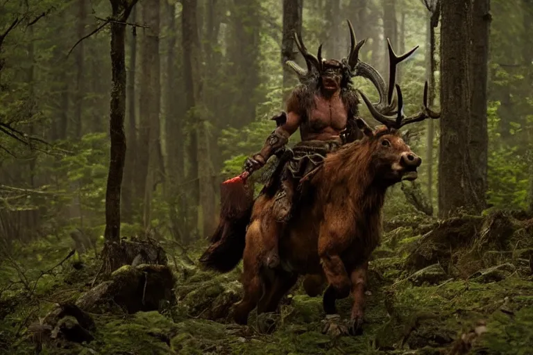 Image similar to vfx movie closeup detailed ancient warrior orc hunting elk in the forest, natural lighting by emmanuel lubezki