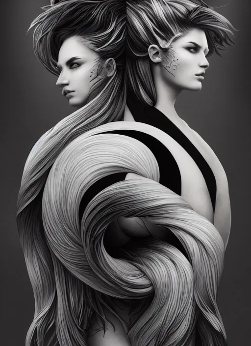 Image similar to portrait of yin yang personified, wonderful shading, realistic perfect face, concept art, dynamic pose, digital illustration, trending on artstation, intricate details, epic composition, sharp focus, 8 k uhd, masterpiece, wlop, ross draws