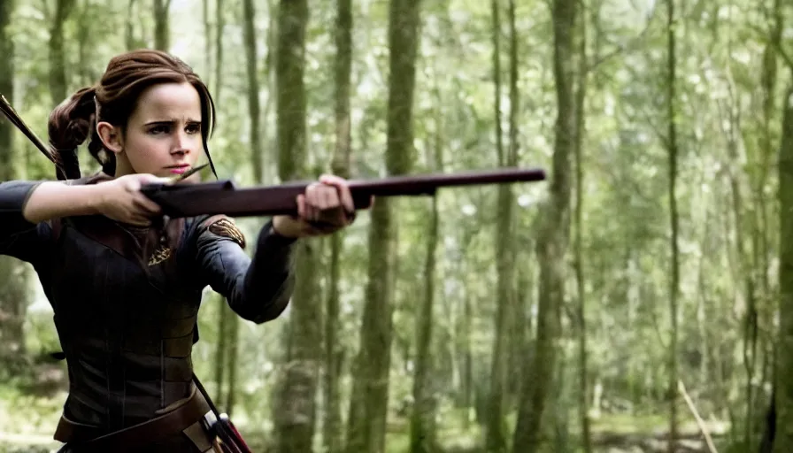 Prompt: film still of emma watson as katniss, the hunger games, action shot