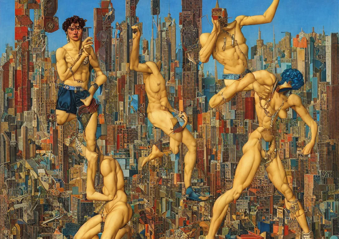 Prompt: a punk latino greek god searching through the streets of a glass and steel metropolis, sparse detail, saturated color scheme, by thomas blackshear, victor brauner and moebius