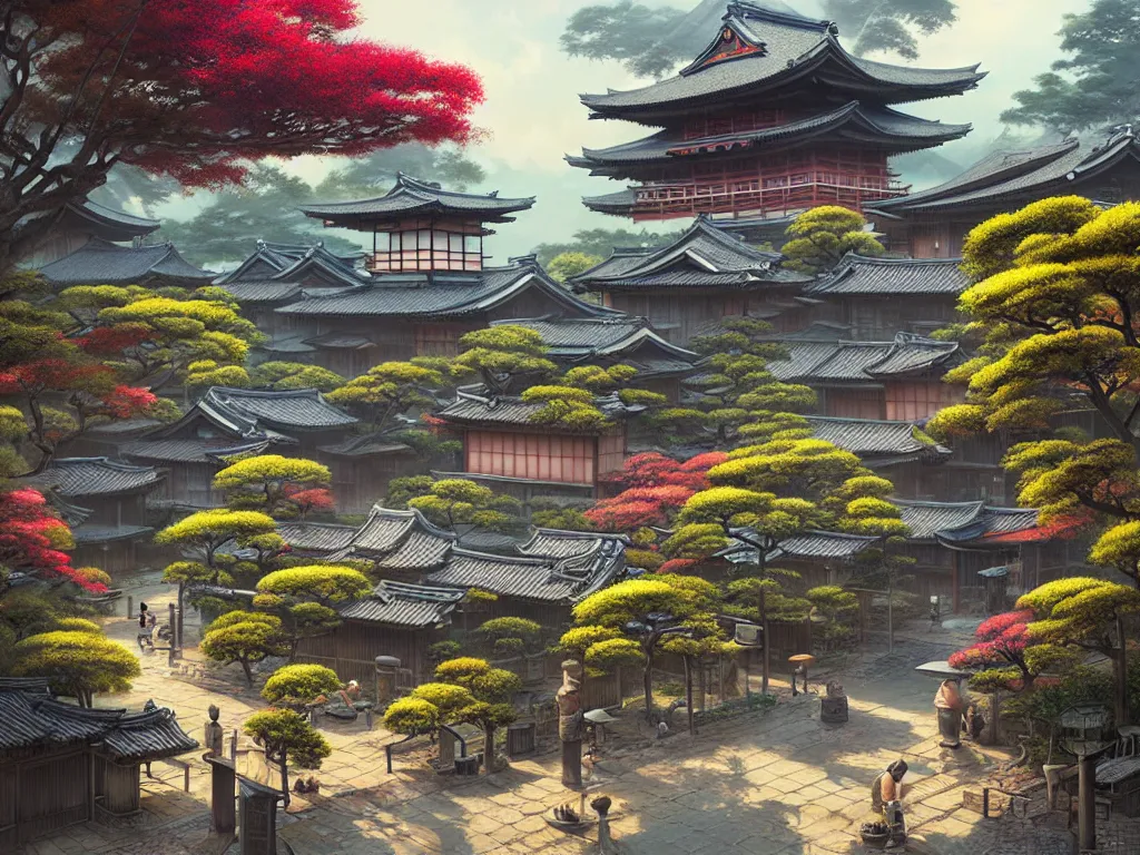 Image similar to old japanese town with garden viewed from harbor, d & d digital painting, ultra realistic, beautiful, volumetric lighting, warm colors advance, cell shading, by james jean, greg rutkowski,