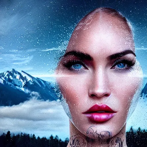 Image similar to double - exposure effect of megan fox face and beautiful mountains, in the style of dan mountford, amazing detail