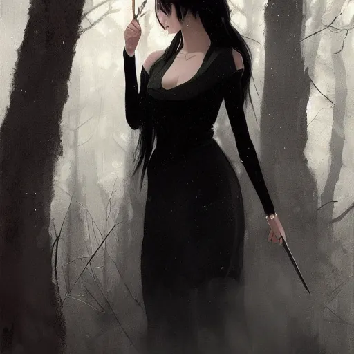 Prompt: portrait painting of female forest elf black hair, black dress, dramatic light, 8 k, by greg rutkowski, studio ghibli