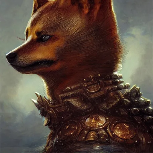 Prompt: anthropomorphic shiba inu, berserk anime the berserker armor, the dragon slayer sword, red aura, fantasy, dark, portrait art by donato giancola and greg rutkowski, realistic face, digital art, trending on artstation, symmetry