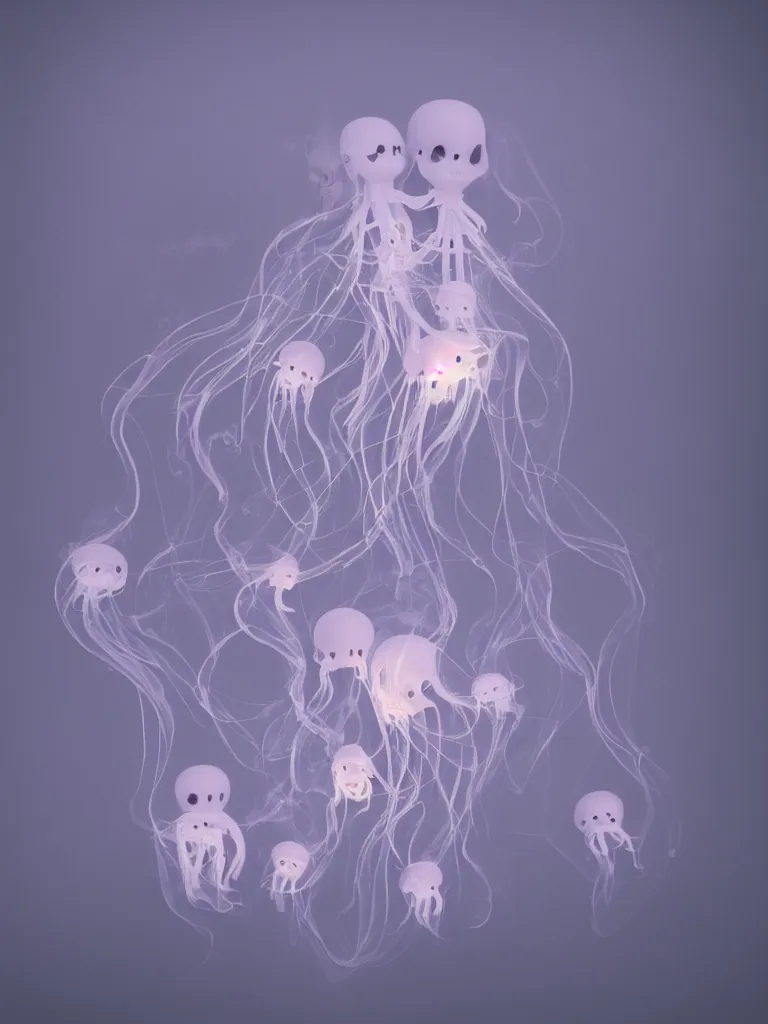 Image similar to cute fumo plush beautiful ectoplasmic gothic skeletal jellyfish ghost twins, glowing milky wisps of hazy smoke and volumetric fog, lens flare, subsurface scattering, vignette, asymmetry, bokeh, refraction, vray