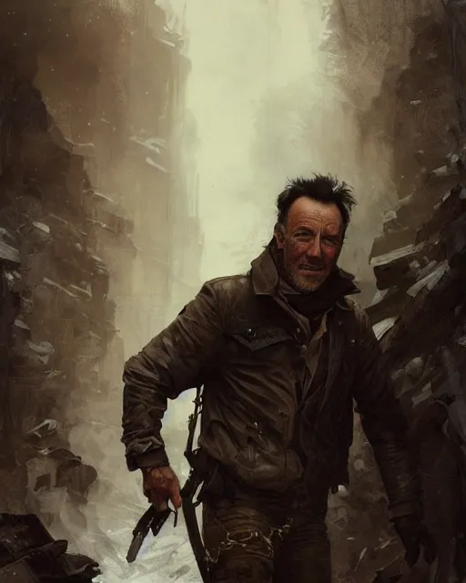 Prompt: A full portrait of Bruce Springsteen as a handsome post apocalyptic nordic explorer, intricate, elegant, highly detailed, digital painting, artstation, concept art, smooth, sharp focus, illustration, art by Krenz Cushart and Artem Demura and alphonse mucha