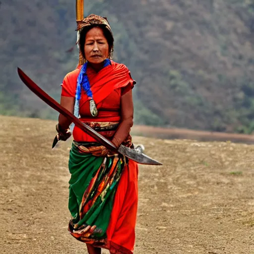 Prompt: a nepali woman carrying a sword, fierce