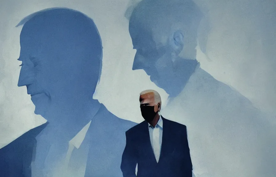 Prompt: Joe Biden casts a long shadow, by Greg Rutkowski and Dave McKean blue color palette