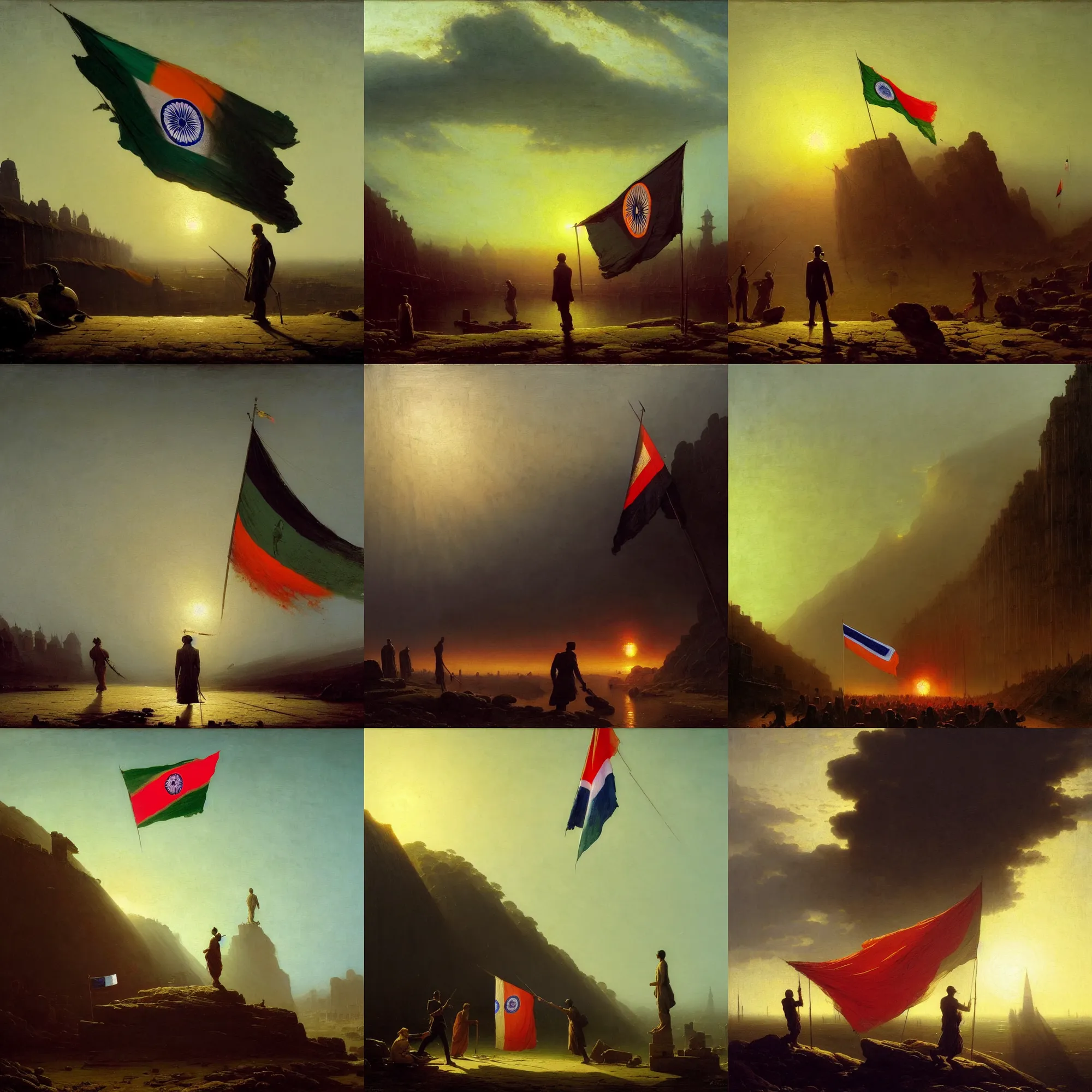 Prompt: death of indian flag, oil on canvas, by caspar david friedrich, by abraham pether, by greg rutkowski, trending on artstation, featured on pixiv, color scheme by tim hildebrandt and simon stalenhag, masterpiece, dramatic cinematic composition, brilliant aesthetic lighting, sharp, highly detailed, hd, 8 k