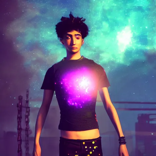 Image similar to A beautiful boy wearing a black mesh crop top and black shorts standing in a mad max cage. The boy is surrounded by a colorful nebula. Cyberpunk, Digital Art, unreal engine 5, 50mm, f2.8