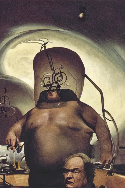 Prompt: the baron harkonnen floating in a laboratory on guidi prime, colour painting by normal rockwell, dune movie 1982