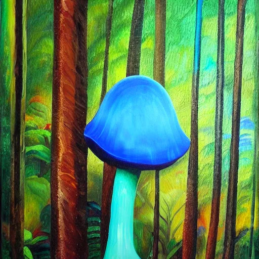 Prompt: A huge glowing blue mushroom inside a rainforest, oil painting