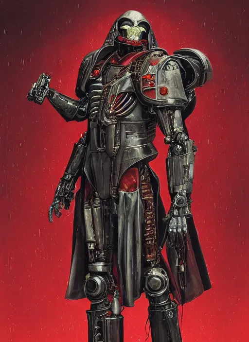 Image similar to portrait of rotten Tom Cruise as adeptus mechanicus in red hood and robe from Warhammer 40000. Highly detailed, artstation, illustration by and John Blanche and zdislav beksinski and wayne barlowe