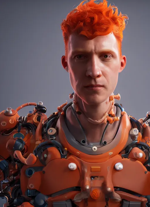 Prompt: biopunk portrait of curly orange hair man as a scientist, au naturel, hyper detailed, digital art, trending in artstation, cinematic lighting, studio quality, smooth render, unreal engine 5 rendered, octane rendered, art style by pixar dreamworks warner bros disney riot games and overwatch.