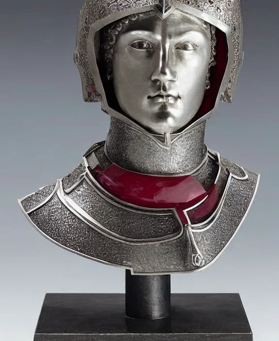 Image similar to a modern marble and ruby sculptural bust of a male knight, wearing silver armor, delicate, intricate, smooth, beautiful, by charles van der stappen