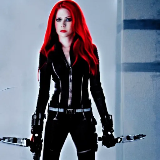 Prompt: movie still of Avril Lavigne as Black Widow, high quality, 4k