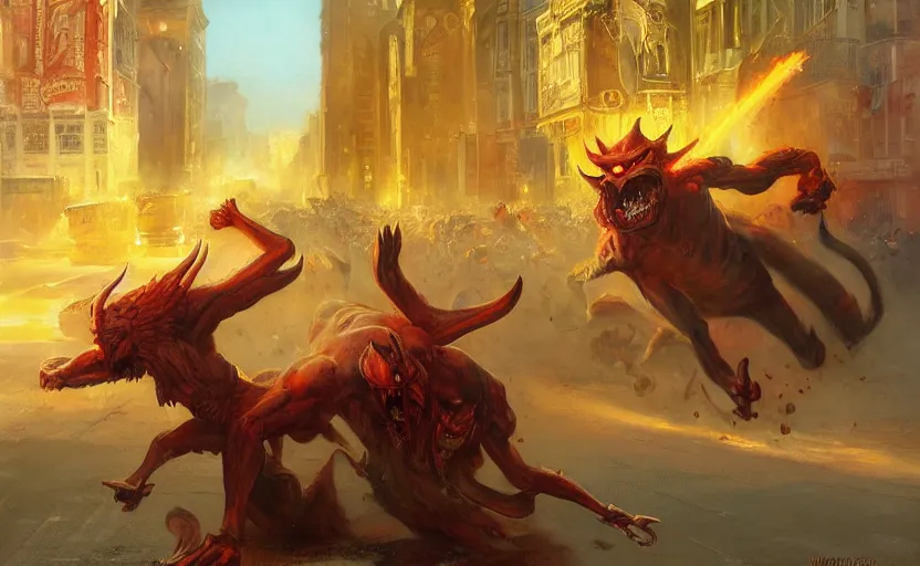 Prompt: demon running through the streets of the capital by kev walker and vladimir volegov and alexander averin and delphin enjolras and daniel f. gerhartz