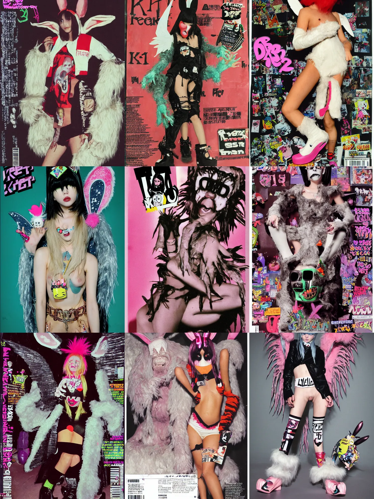 Prompt: photo of an 3d rendered y2k style angel with bunny ears wearing ripped up dirty Swear kiss monster teeth yeti platform boots in the style of Ryan Trecartin in the style of 1990's FRUiTS magazine 20471120 by Walter Van Beirendonck W&LT in japan in a dirty dark dark dark poorly lit bedroom full of trash and garbage server racks and cables everywhere in the style of Juergen Teller in the style of Shoichi Aoki, japanese street fashion, KEROUAC magazine, Walter Van Beirendonck W&LT 1990's, Vivienne Westwood, y2K aesthetic
