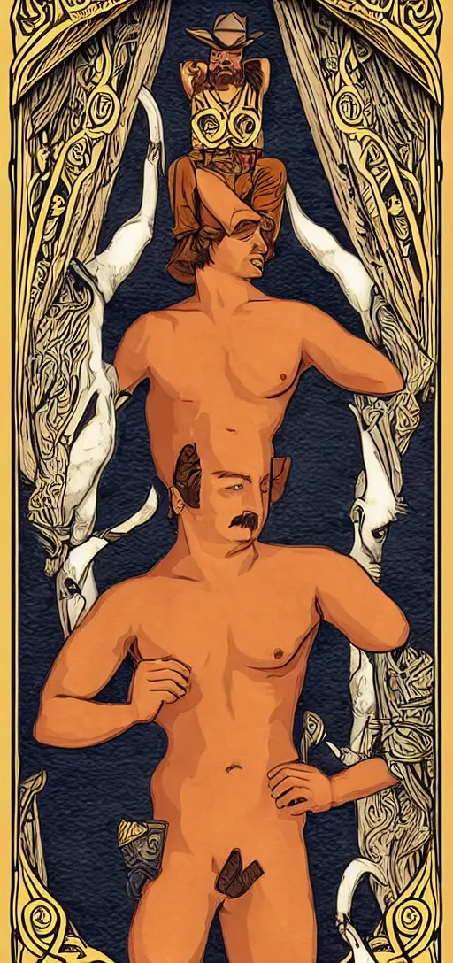 Prompt: tarot card of a shirtless cowboy, dad bod, (mustache, chest hair), homoerotic, art deco, art nouveau, trending on artstation