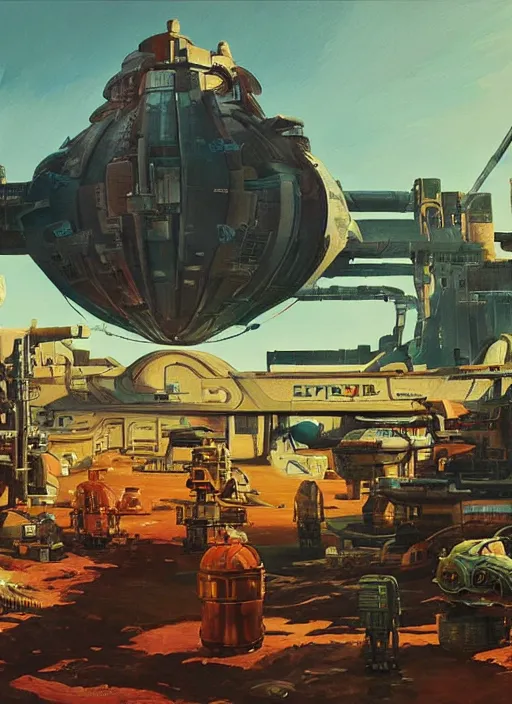 Prompt: painting used for a pulp science fiction novel from the 50s inspired by ilm, beeple, star citizen halo, mass effect, starship troopers, elysium, iron smelting pits, high tech industrial, warm saturated colours