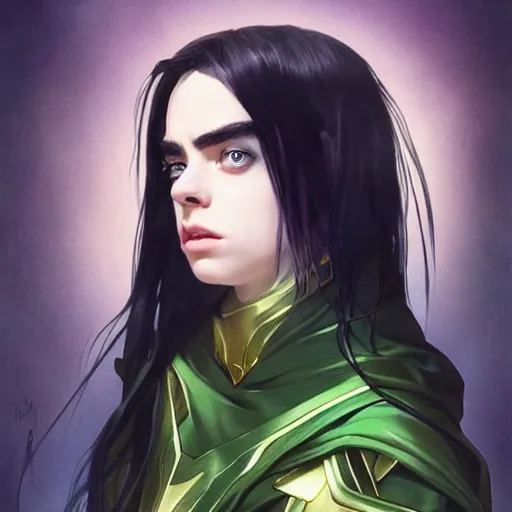 Image similar to Billie Eilish as Female Loki, very detailed, digital art, trending on artstation, concept art, smooth, illustration, art by artgerm and greg rutkowski and alphonse mucha and J. C. Leyendecker and Edmund Blair Leighton and Katsuhiro Otomo and Geof Darrow and Phil hale and Ashley wood