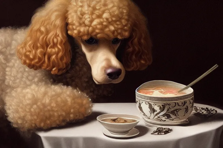 Image similar to portrait of a poodle, eating pho soup, beautiful detailed intricate insanely detailed octane render, 8k artistic photography, photorealistic, chiaroscuro, by David Cronenberg, Raphael, Caravaggio